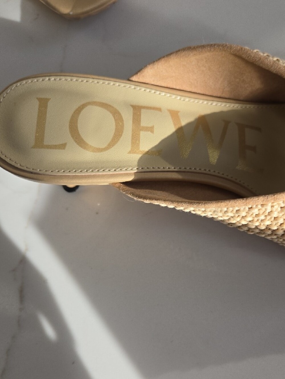 Loewe Beige Woven Knot Mules with Gold Medallion - Picture 2 of 7